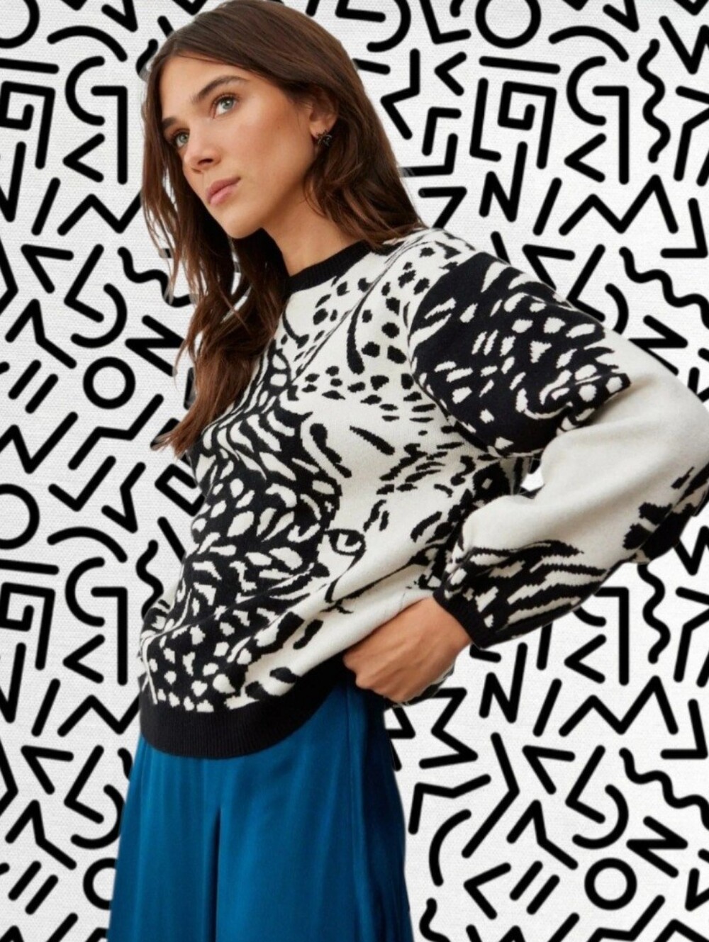 Black & White Graphic Animal-Print Crewneck Sweater